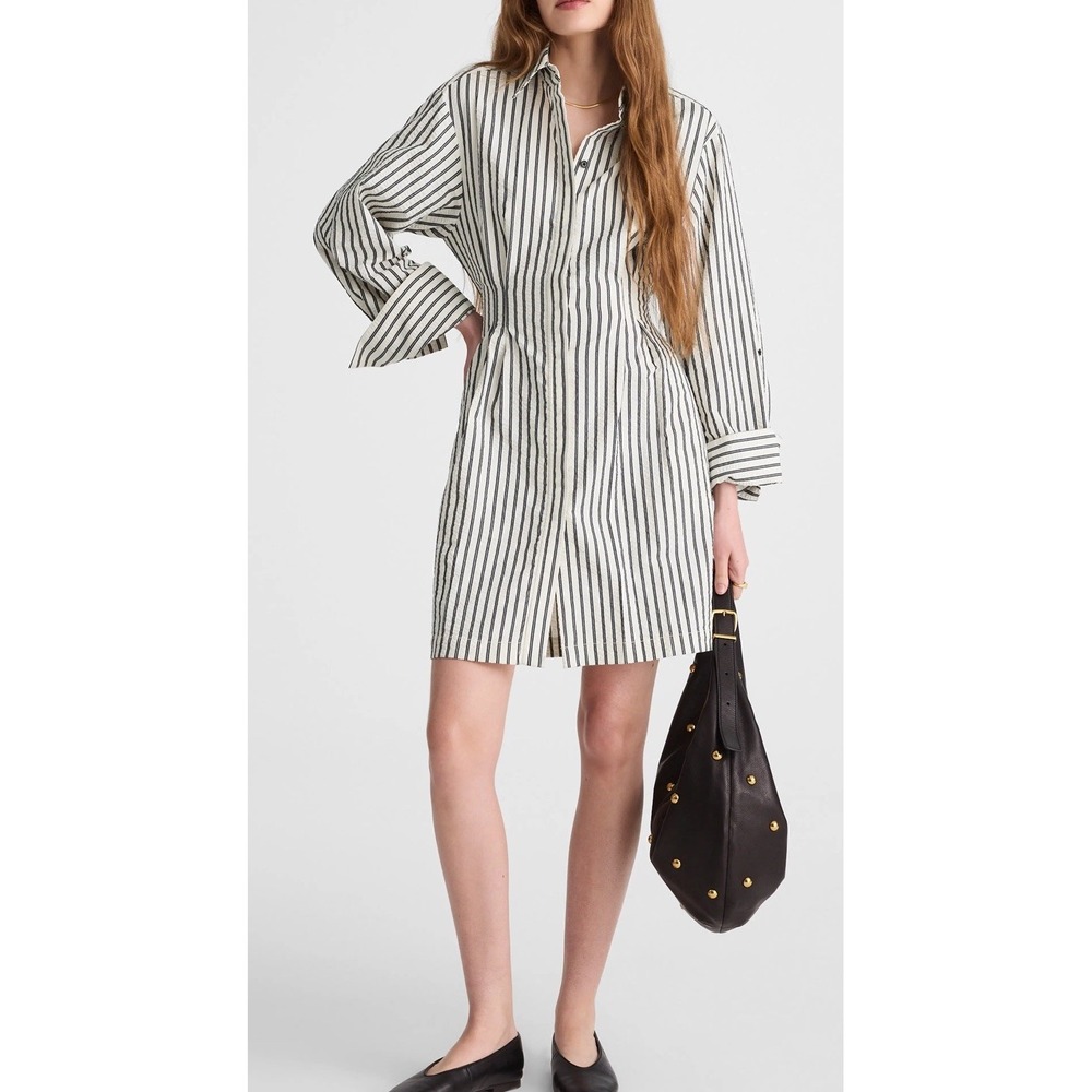 NEW Madewell Tucked Mini Shirtdress White gray striped Size 0